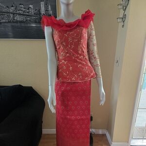 Red and Gold Handmade Cambodian Dress – Elegant Occasionwear